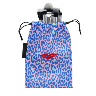 DONNA MAY - Open Flat Drawstring Makeup Bag in Blue & Green Leopard