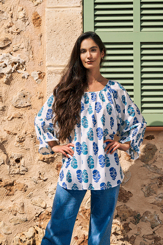 Grasse Cotton Blouse Printed Pattern White/Blue