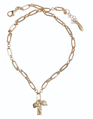 Nat Pearl / Flower & Tab Charm W/Chain - Worn Gold