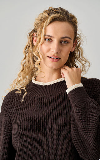 Luella Avebury Heavy Knit Cotton Jumper Contrast Trim Chocolate/Almond