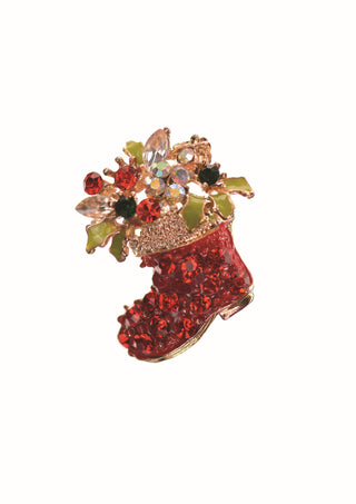 Santas Boot W/Festive Flowers - A.Gold/Red/Green Brooch