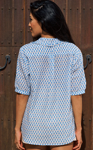Marseille Short Sleeve Blouse Frill Collar Printed Pattern Blue