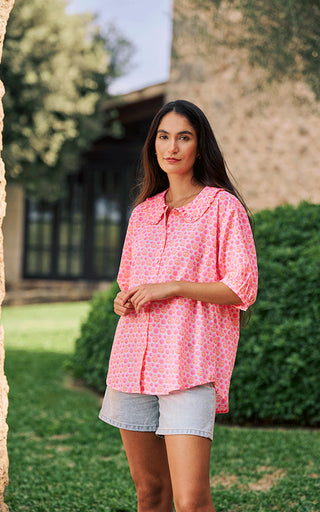 Marseille Short Sleeve Blouse Frill Collar Printed Pattern Neon Pink/Orange