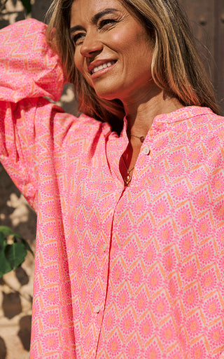Bergerac Long Sleeve Blouse Printed Pattern Neon Pink/Orange
