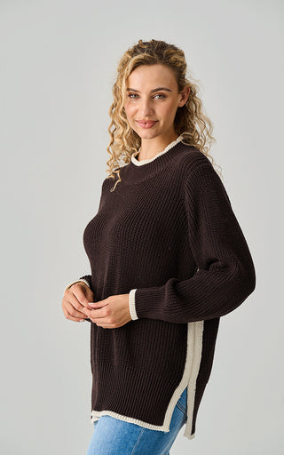 Luella Avebury Heavy Knit Cotton Jumper Contrast Trim Chocolate/Almond