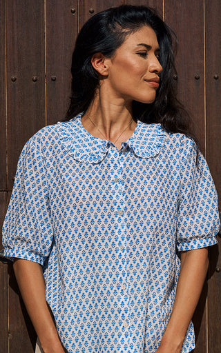Marseille Short Sleeve Blouse Frill Collar Printed Pattern Blue