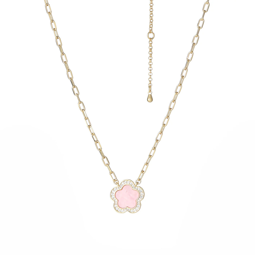 PARK LANE - GOLD PLATED PINK CLOVER NECKLACE WITH CUBIC ZIRCONIA STONES