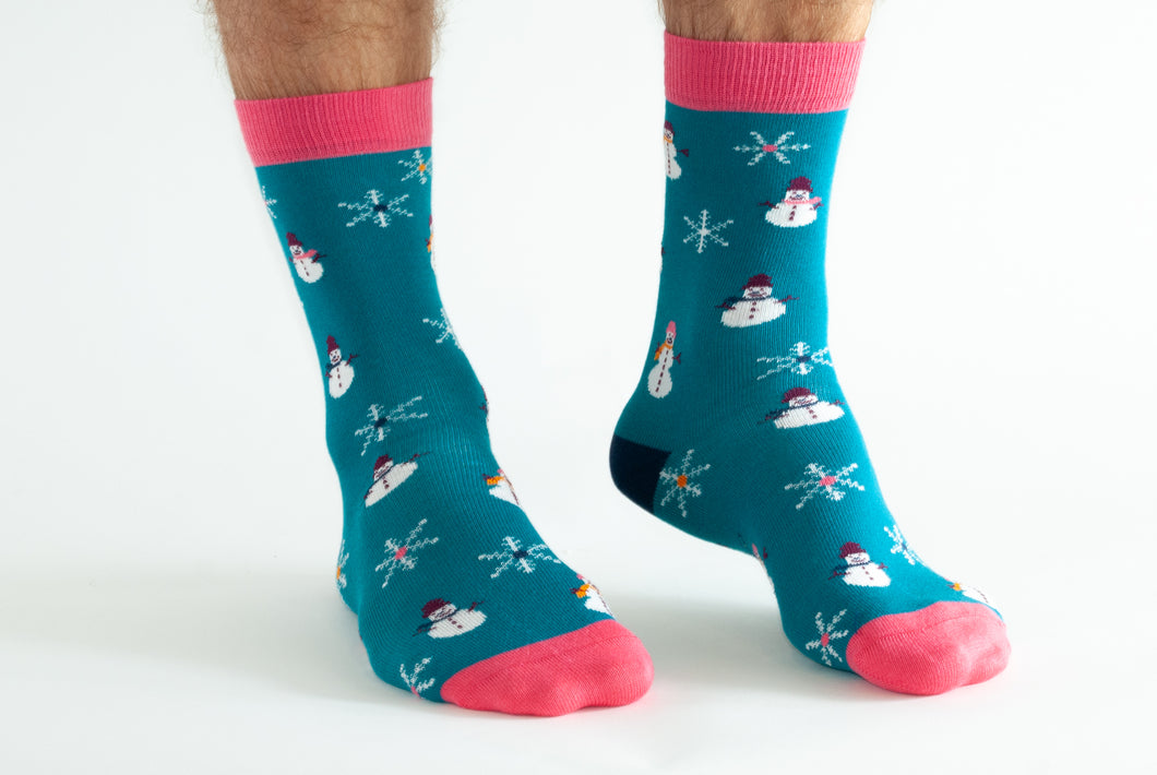 Doris & Dude Mens Teal Snowman Socks