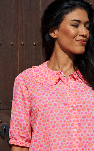 Marseille Short Sleeve Blouse Frill Collar Printed Pattern Neon Pink/Orange
