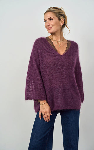 Luella Troon Mohair Blend V Neck Jumper in Plum