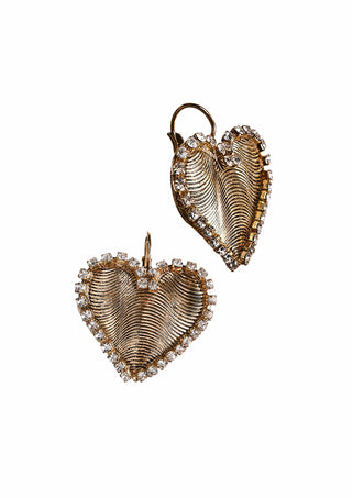 Crystal Framed Heart Earrings with French Clip - Old Gold & Clear