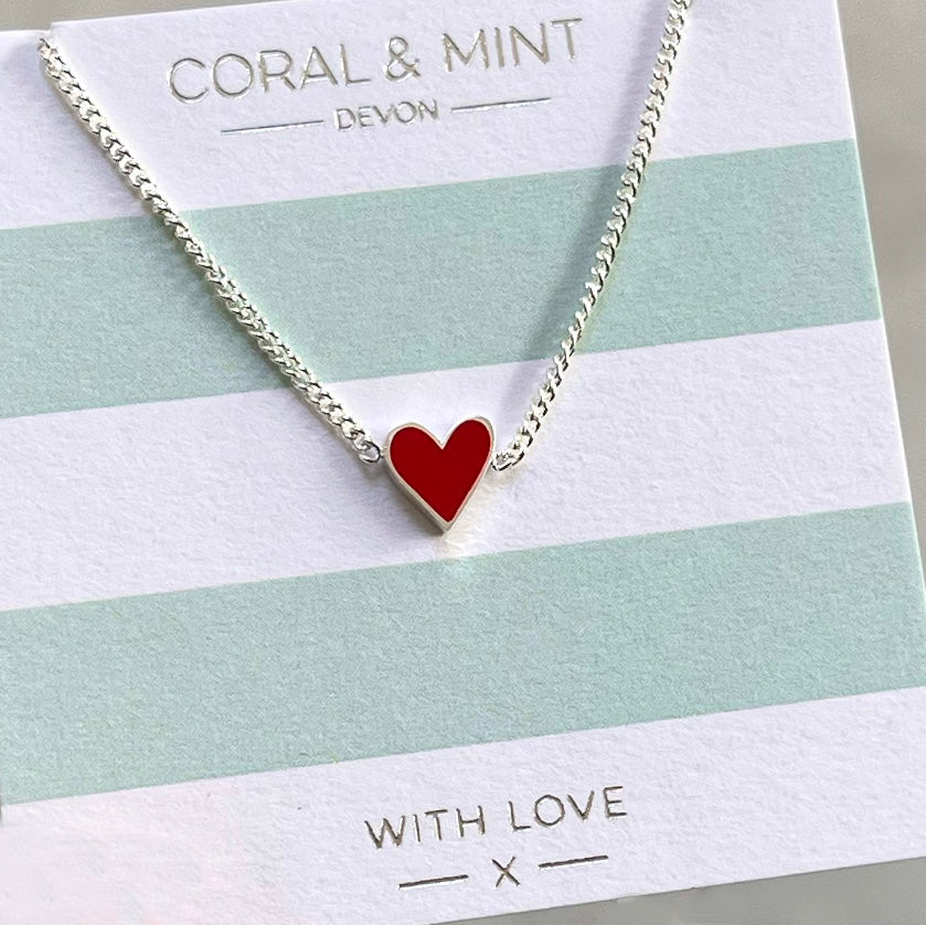Coral & Mint Red Enamel Heart Necklace