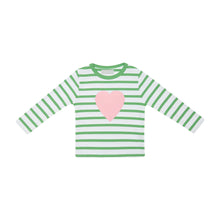 Load image into Gallery viewer, Bob &amp; Blossom Grass Green &amp; White Breton Stripped Love Heart T Shirt
