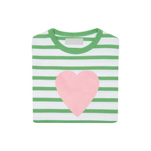 Load image into Gallery viewer, Bob &amp; Blossom Grass Green &amp; White Breton Stripped Love Heart T Shirt

