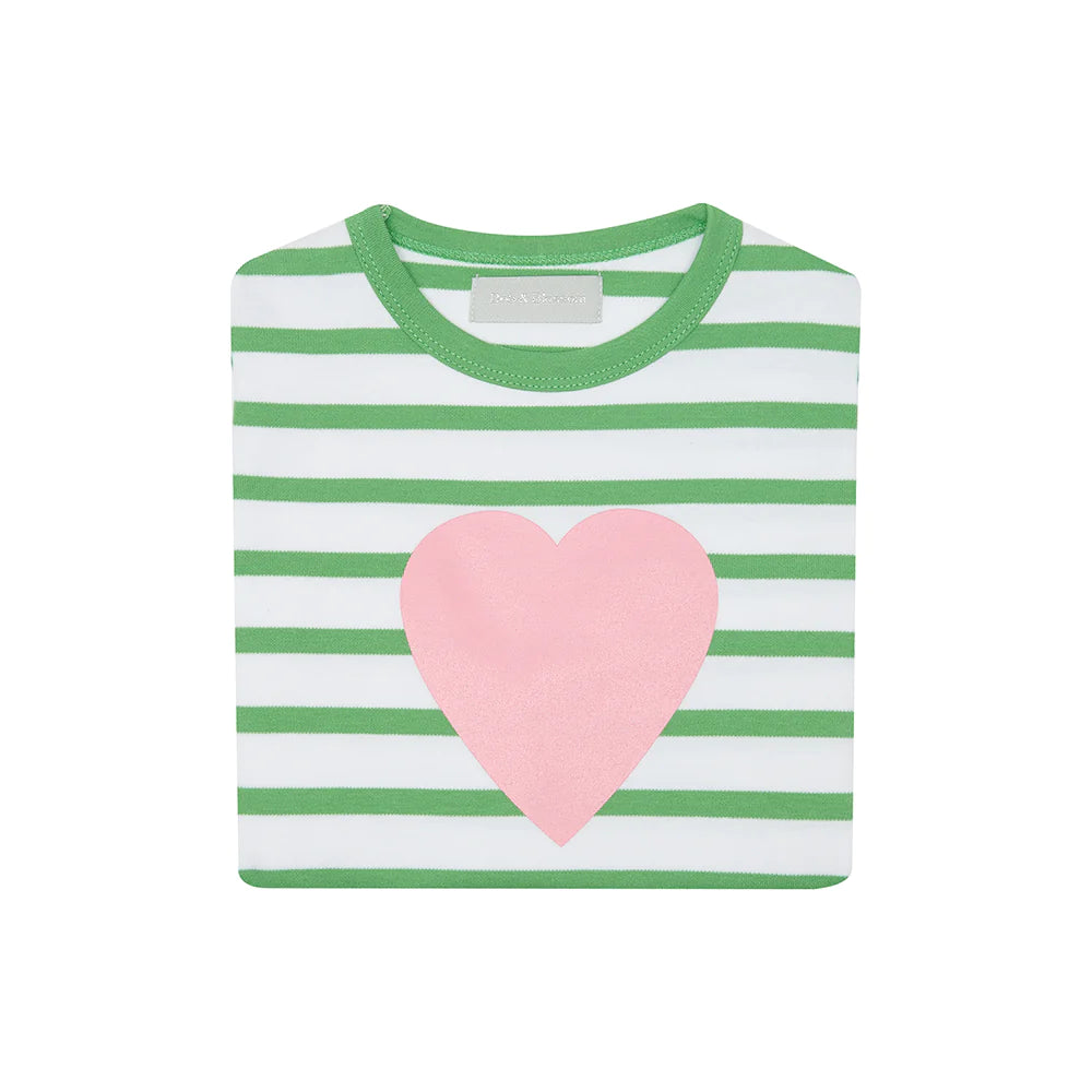 Bob & Blossom Grass Green & White Breton Stripped Love Heart T Shirt