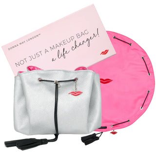 Donna May Lay Flat Makeup Bag in Silver with Pink Lining