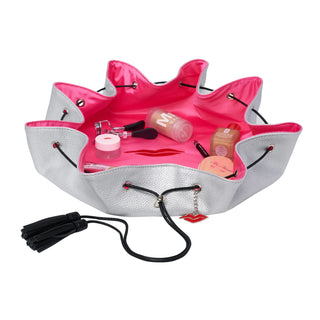 Donna May Lay Flat Makeup Bag in Silver with Pink Lining