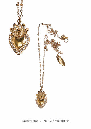 Sacred Heart Necklace - 18k Gold with Clear Crystals