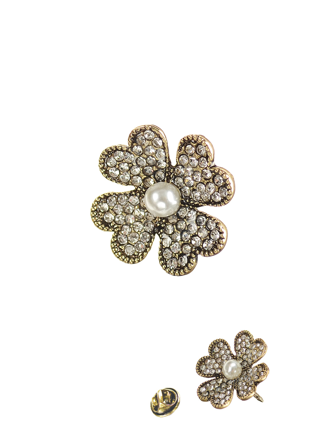 Hot Tomato Lucky Clover Pin - Antique Gold/Clear/Pearl