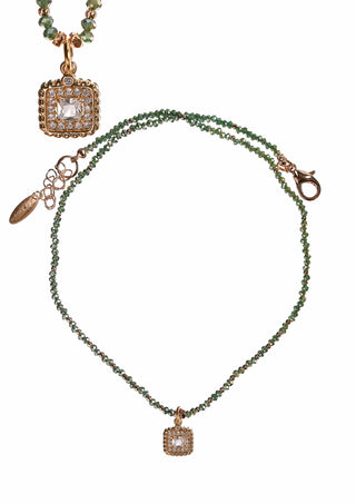 Crystal Chain Necklace with Square Drop Pendant - Palm Leaf & Gold