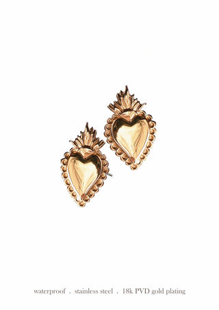 Sacred Heart Stud Earrings - Stainless Steel with 18k Gold