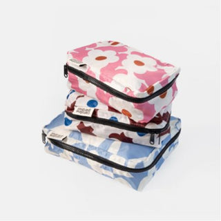 Blue check heart and flowers set of 3 small packing cubes by Caroline Gardner