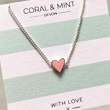 Load image into Gallery viewer, Coral &amp; Mint Heart Necklace with Baby Pink Glitter Enamel
