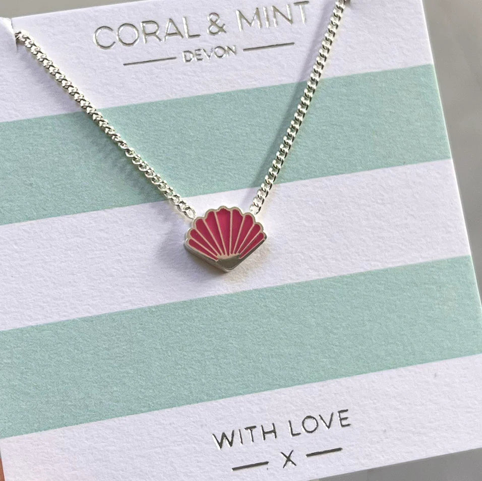 Coral & mint Pink Enamel Shell Necklace