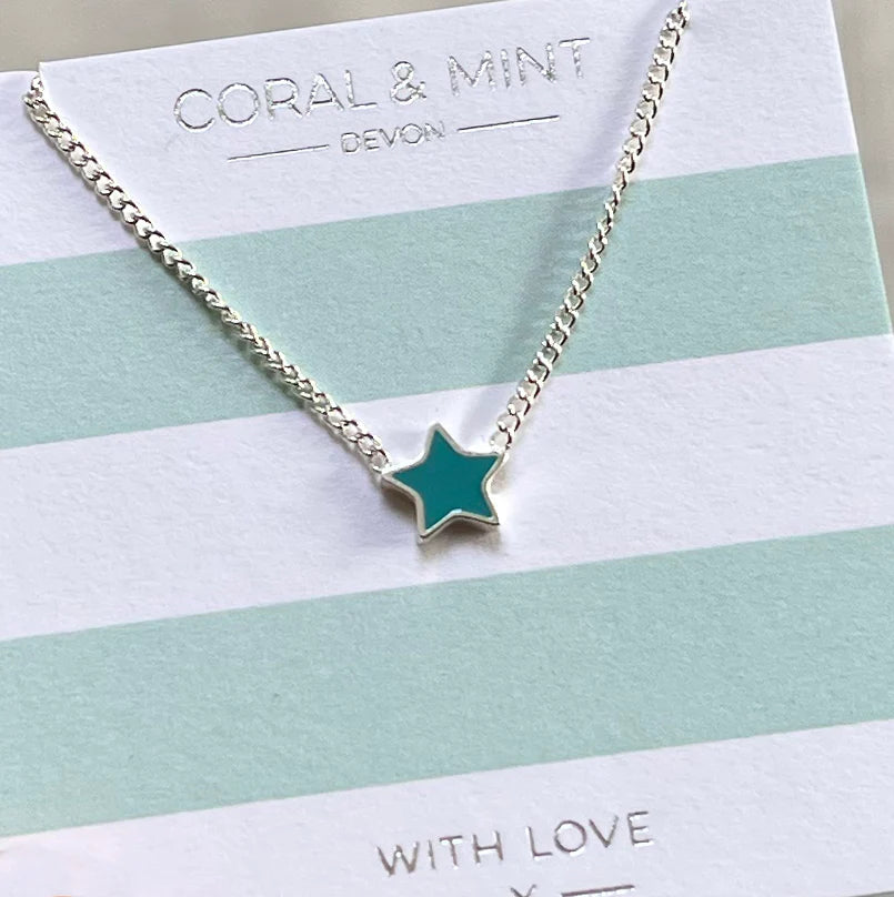 Coral & Mint Star Necklace with Turquoise Enamel