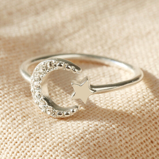 Sterling silver Sparkly Moon and star Ring