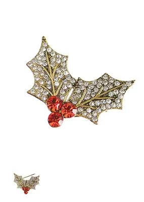 Holly & Berry Brooch - Gold & Red Crystals