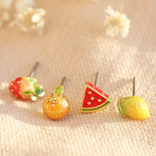 Load image into Gallery viewer, Mismatched set of 4 fruit stud earrings in gold
