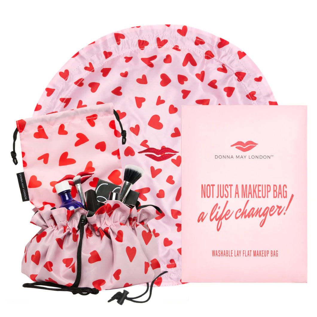 Donna May Washable Make- Up Bag. Pink & Red Hearts