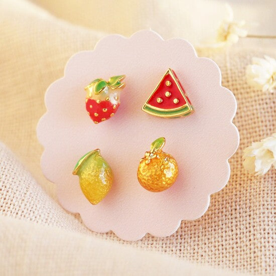 Mismatched set of 4 fruit stud earrings in gold